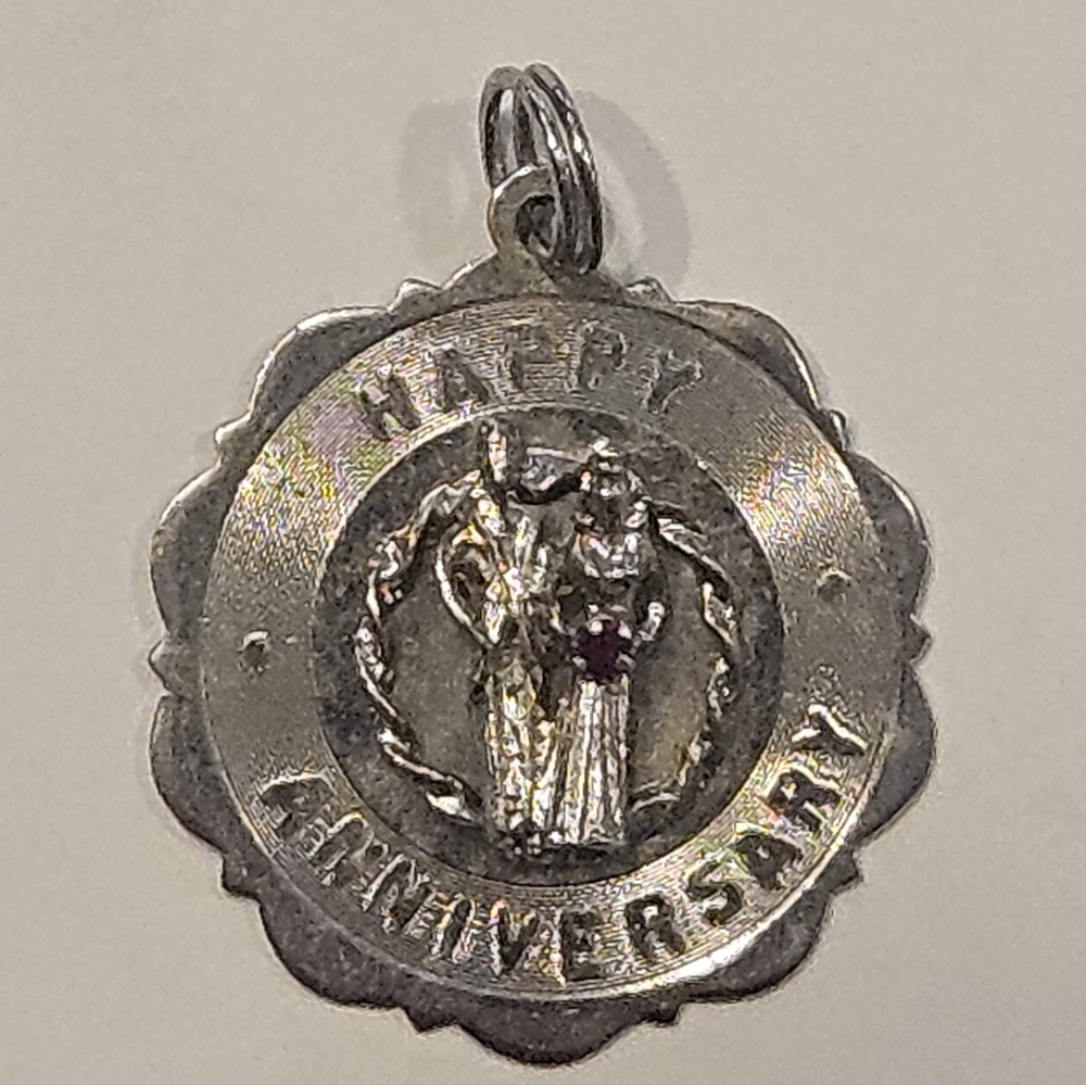 Vintage Pom Sterling Silver Garnet Happy Aniversary Charm For Bracelet